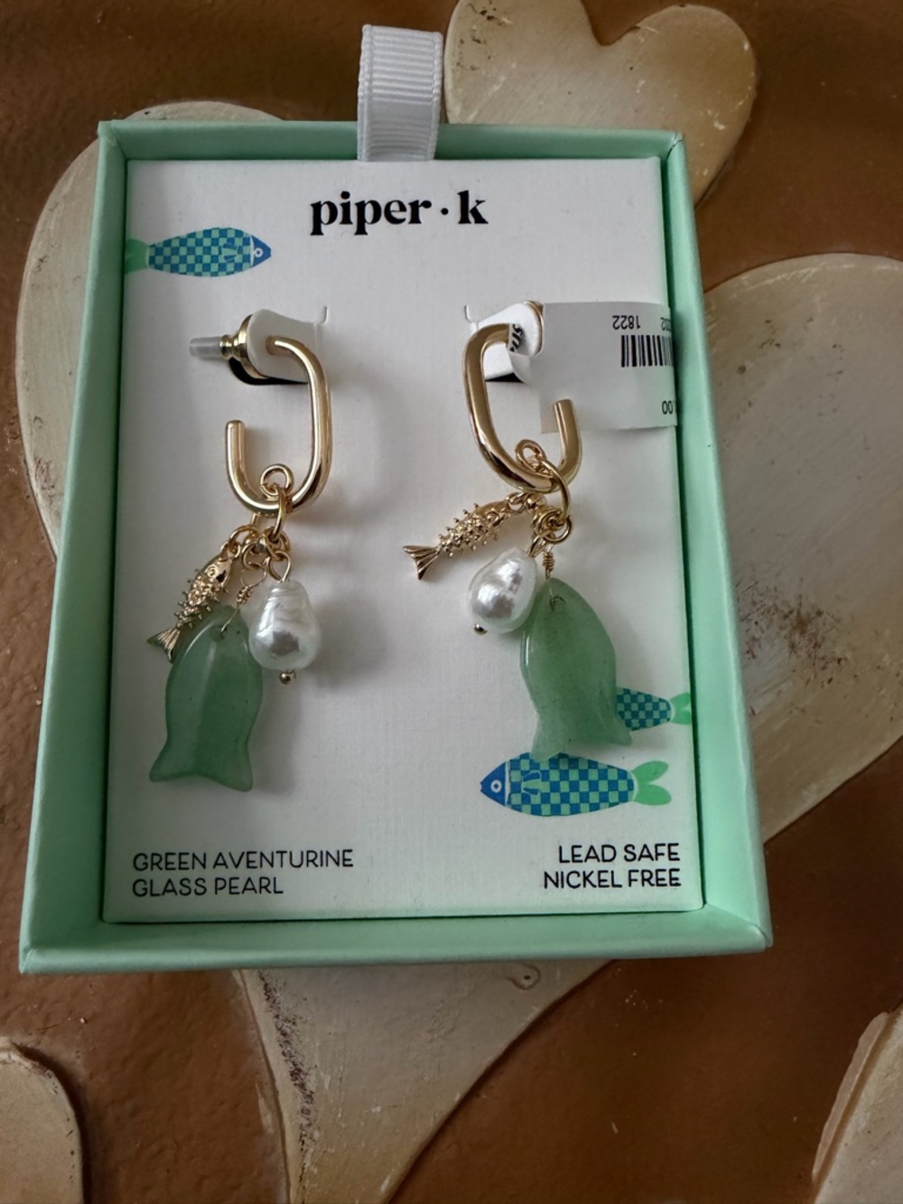 Piper K Green Aventurine & Glass Pearl Dangle Fish Earrings